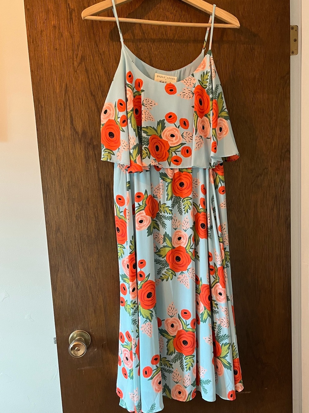 Paper Crown Light Blue Floral Tiered Spaghetti-Strap Dress